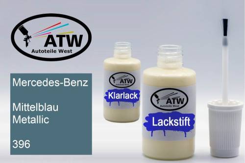 Mercedes-Benz, Mittelblau Metallic, 396: 20ml Lackstift + 20ml Klarlack - Set, von ATW Autoteile West.